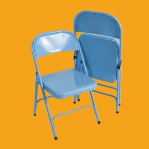 Blue metal foldaway chairs on a yellow background