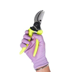 hand with lilac glove holding secateurs