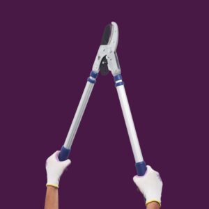 white gloves holding loppers on purple background
